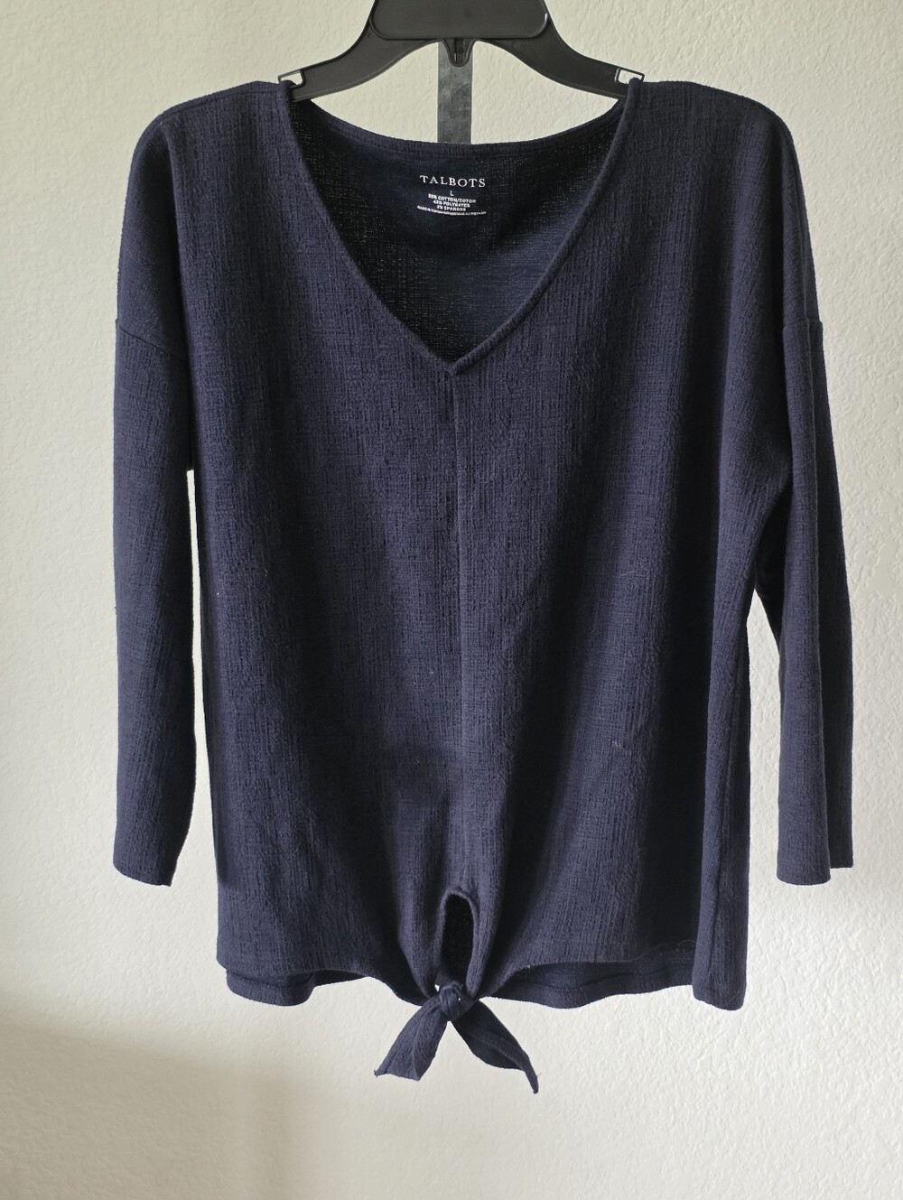 Talbots Black Tie Front V-Neck Knit Top Large 3/4 Sleeve Stretch Casual Sweater